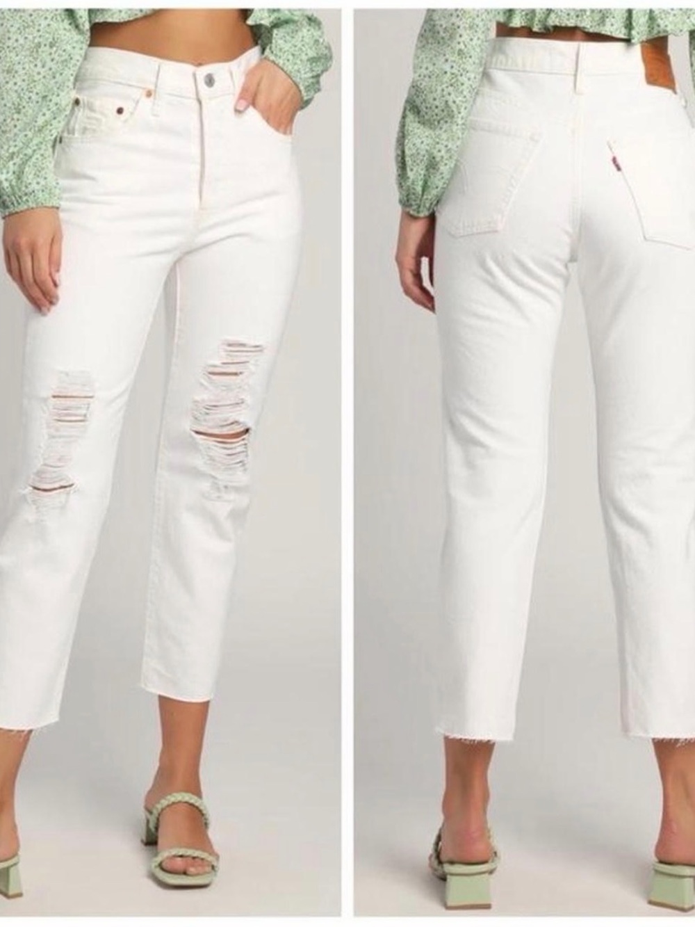 Levi's White High-Rise Ripped Cropped Jeans